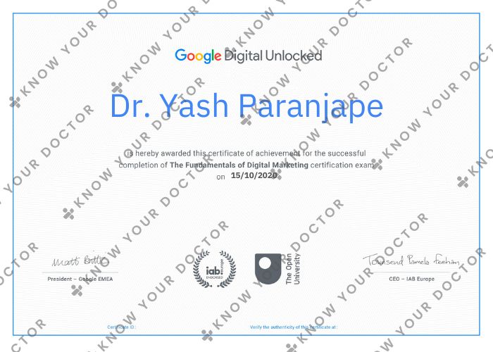 Dr Yash Paranjape - Google Fundamentals Of Digital Marketing Certificate