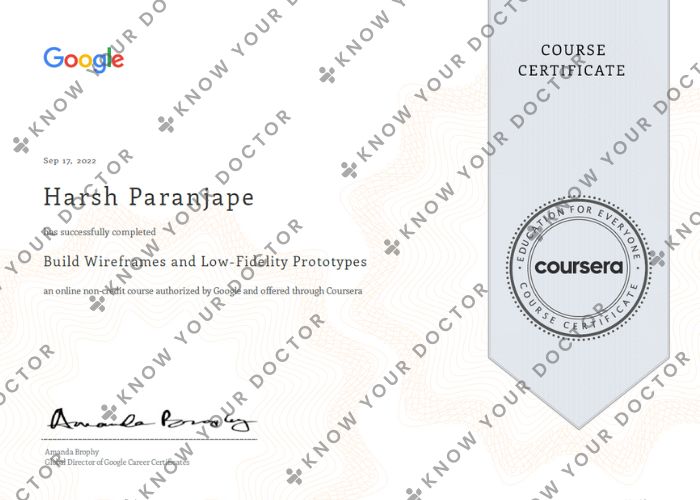 Harsh Paranjape - UX Design Wireframes & Lo-fi Prototype Certificate