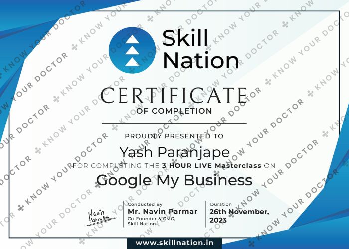 Dr Yash Paranjape Google My Business Certificate